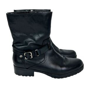 Anne Klein Crayton Moto Biker Leather Boots Black Mid Calf Buckle Classic Shoe 8